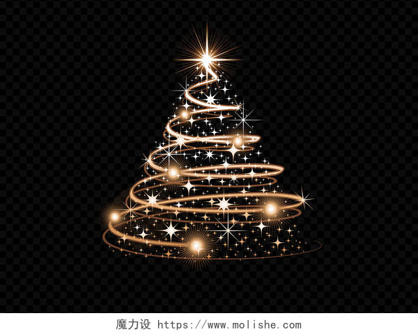 金色梦幻唯美小清新手绘圣诞节光效圣诞树圣诞元素PNG素材